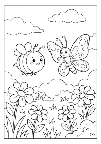A cute bee flying side-by-side with a smiling large butterfly above a blooming flower field Bee Coloring Pages