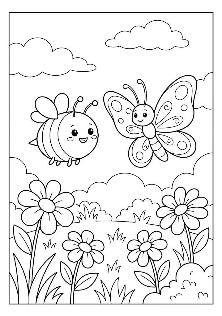 A cute bee flying side-by-side with a smiling large butterfly above a blooming flower field Bee Coloring Pages