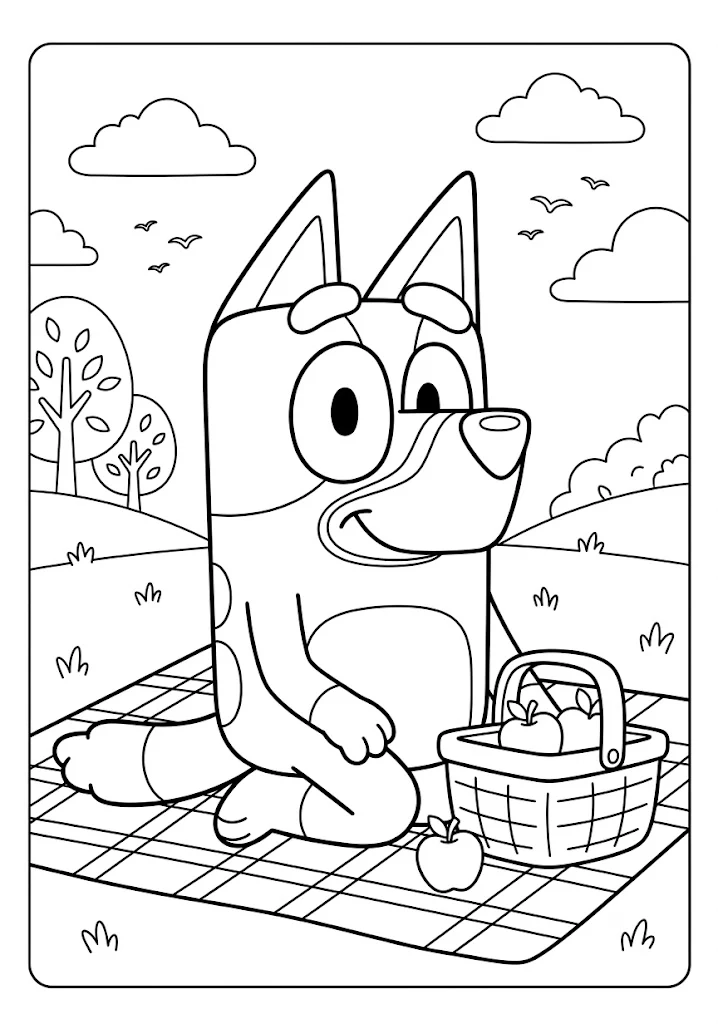 coloring page showing Bluey sitting on a picnic blanket with a basket of apples trees and birds around her