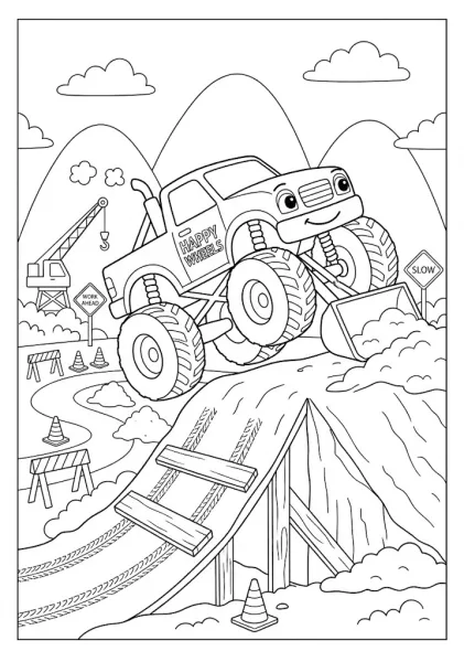 Construction monster truck pushing dirt with a front loader scoop on a wooden ramp Monster Truck Coloring