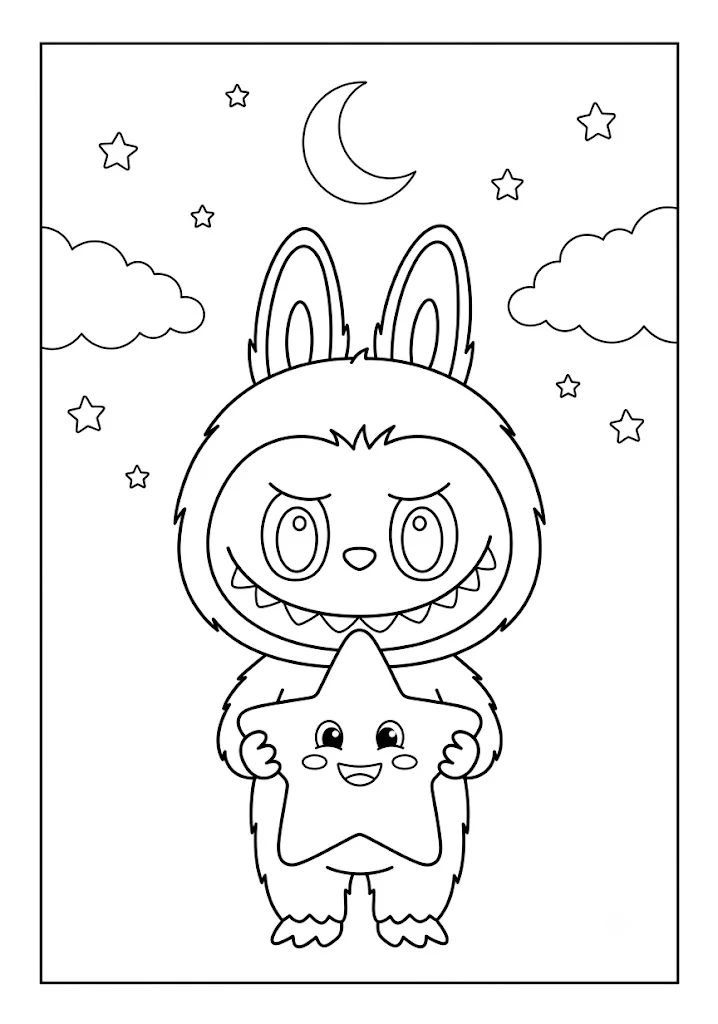 A cute monster holding a smiling star under a night moon sky in featured Labubu coloring pages