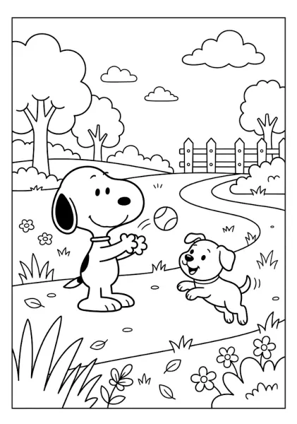Snoopy playing ball with a cute little puppy along a park path Snoopy Coloring Pages