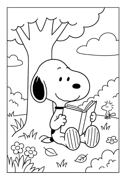 Snoopy sitting under a tree reading an open book with Woodstock nearby Snoopy Coloring Pages