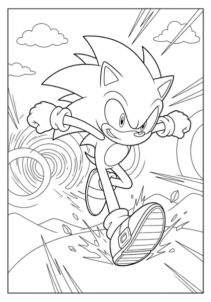 A thrilling free coloring page of Sonic running at super speed with intense action lines and flying rocks