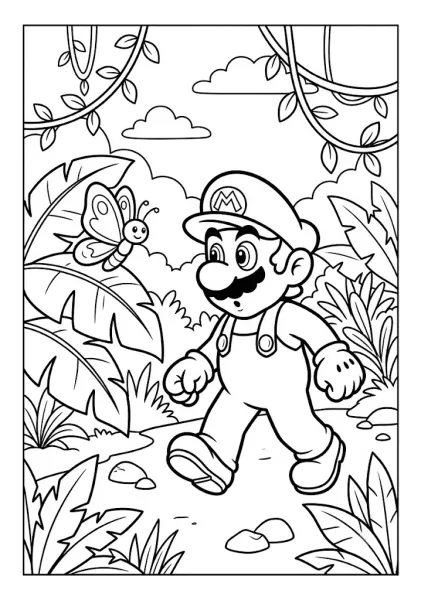 Mario walking along a jungle path surrounded by large leaves vines and a smiling butterfly Mario Coloring Pages