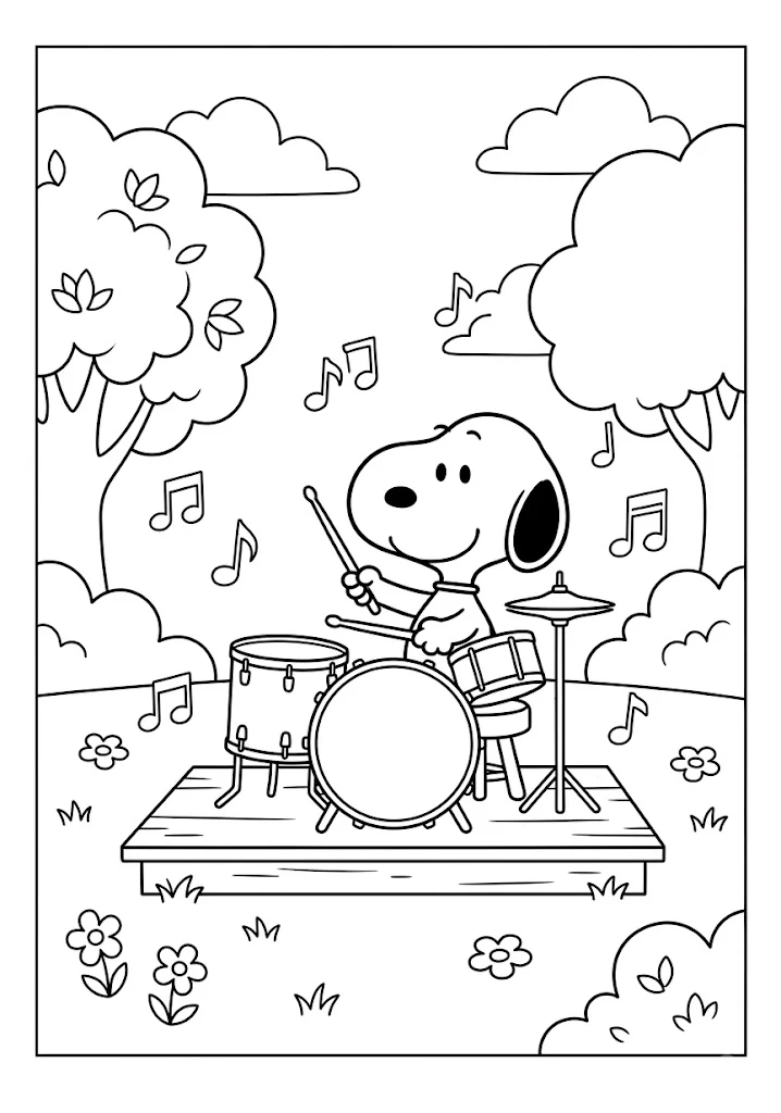 Snoopy sitting at a drum set playing music outdoors on a wooden stage with trees Snoopy Coloring Pages