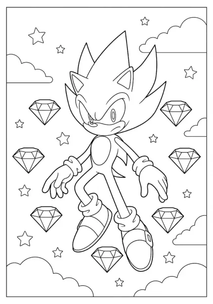 Super Sonic floating in the sky surrounded by seven Chaos Emeralds and stars in this fun printable coloring page for kids