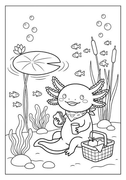 Cute axolotl having a picnic underwater with a sandwich, drink, and basket Axolotl Coloring Pages