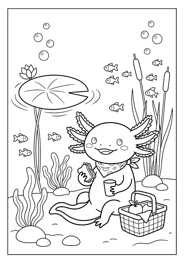 Cute axolotl having a picnic underwater with a sandwich, drink, and basket Axolotl Coloring Pages