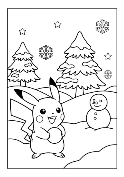 Cute Pikachu standing in the snow holding a snowball near pine trees snowflakes and a smiling snowman Pokemon Coloring Pages