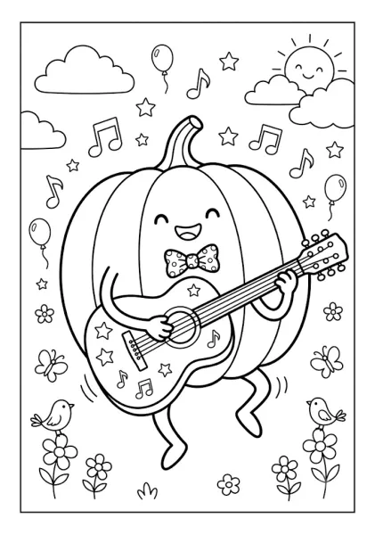 Cute pumpkin wearing a polka dot bowtie playing an acoustic guitar while dancing in a flower field with birds and music notes Pumpkin Coloring Pages
