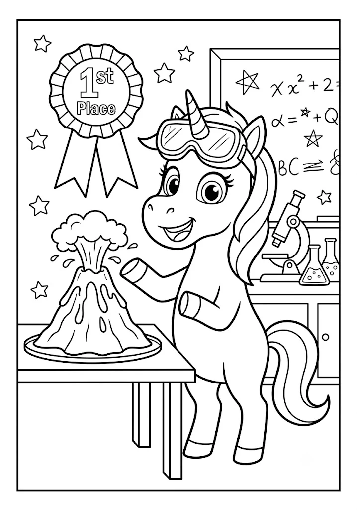 Cute unicorn scientist wearing safety goggles standing next to a science fair volcano