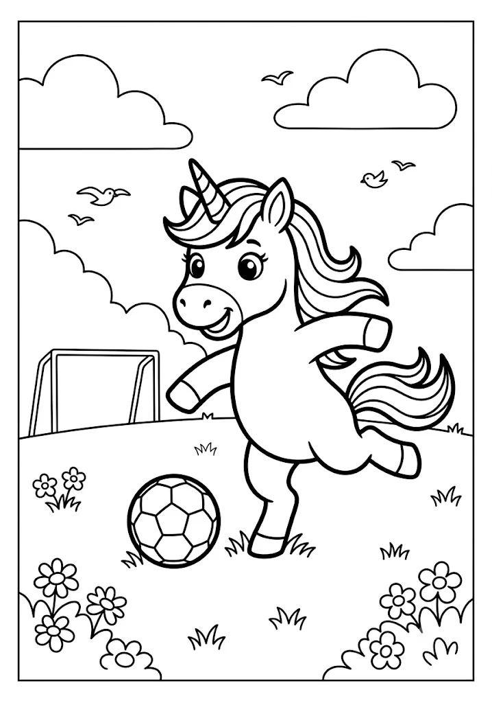 Black and white outline drawing of a happy unicorn playing soccer with a goal net, clouds, and flowers in the background