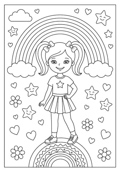 A cute young girl with pigtails standing under a rainbow surrounded by smiling stars hearts and flowers coloring page