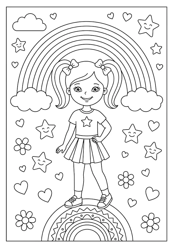 A cute young girl with pigtails standing under a rainbow surrounded by smiling stars hearts and flowers coloring page