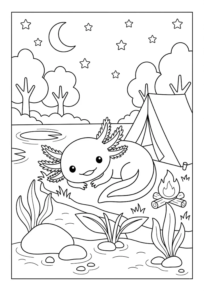 Cute axolotl resting by a campfire next to a tent under a starry night sky with a crescent moon Axolotl Coloring Pages