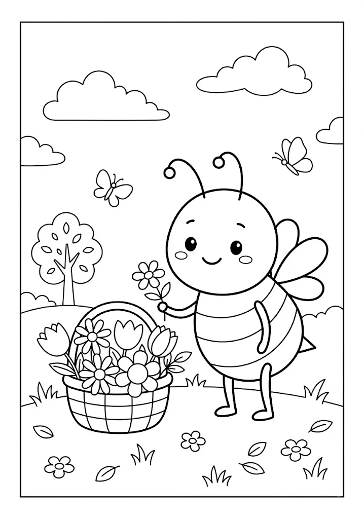 A cute bee standing beside a woven basket packed with colorful garden flowers in a field Bee Coloring Pages