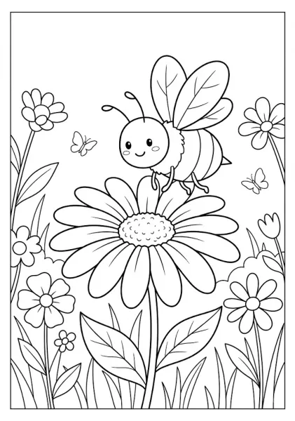 A cute bee hovering closely over a large detailed sunflower daisy in a garden full of flowers Bee Coloring Pages