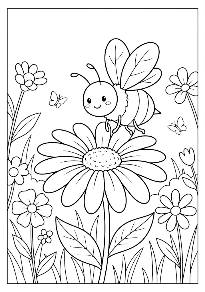 A cute bee hovering closely over a large detailed sunflower daisy in a garden full of flowers Bee Coloring Pages