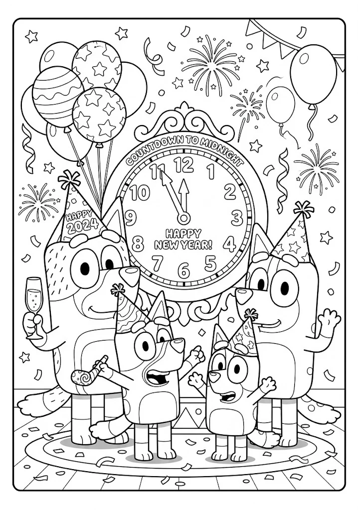 The Heeler family wearing party hats celebrating New Years Eve under fireworks and a big clock pointing to midnight