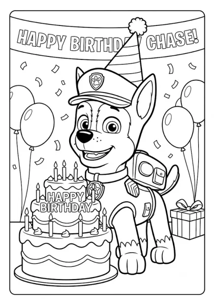 Chase wearing a party hat celebrating his birthday next to a multi tier cake, balloons, and gifts