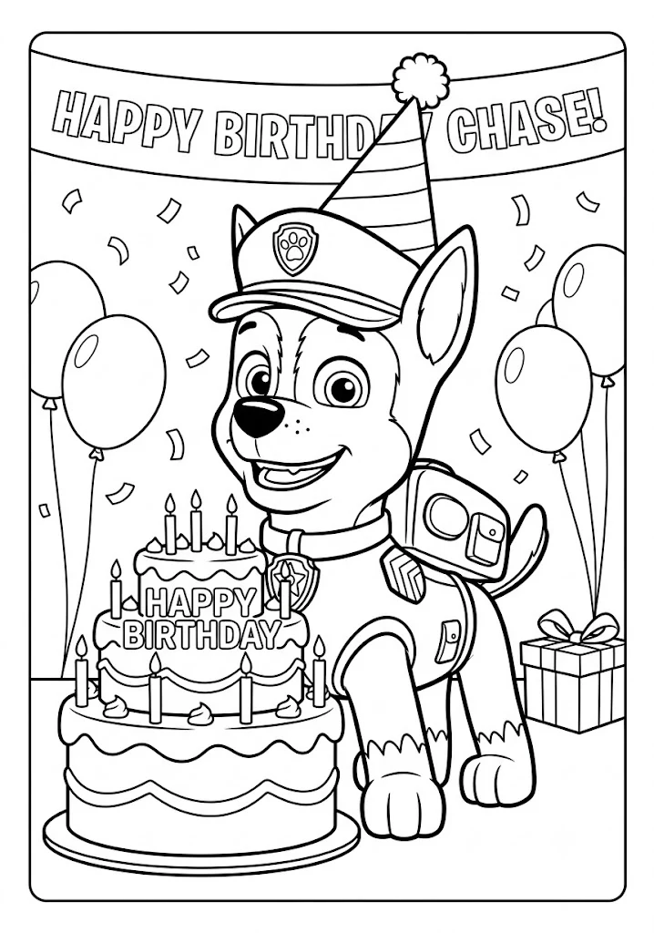 Chase wearing a party hat celebrating his birthday next to a multi tier cake, balloons, and gifts