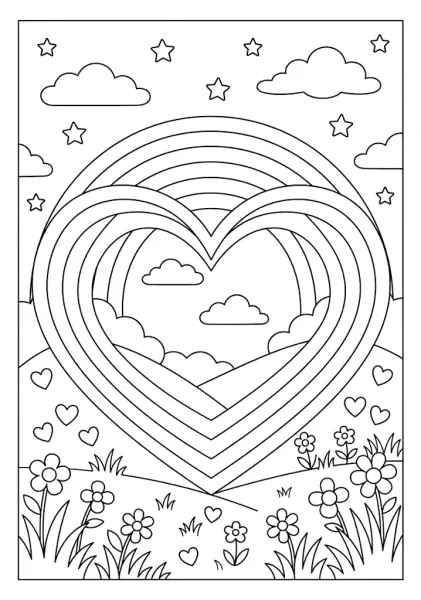 Whimsical coloring page featuring a large heart shaped rainbow over hills surrounded by stars hearts and clouds