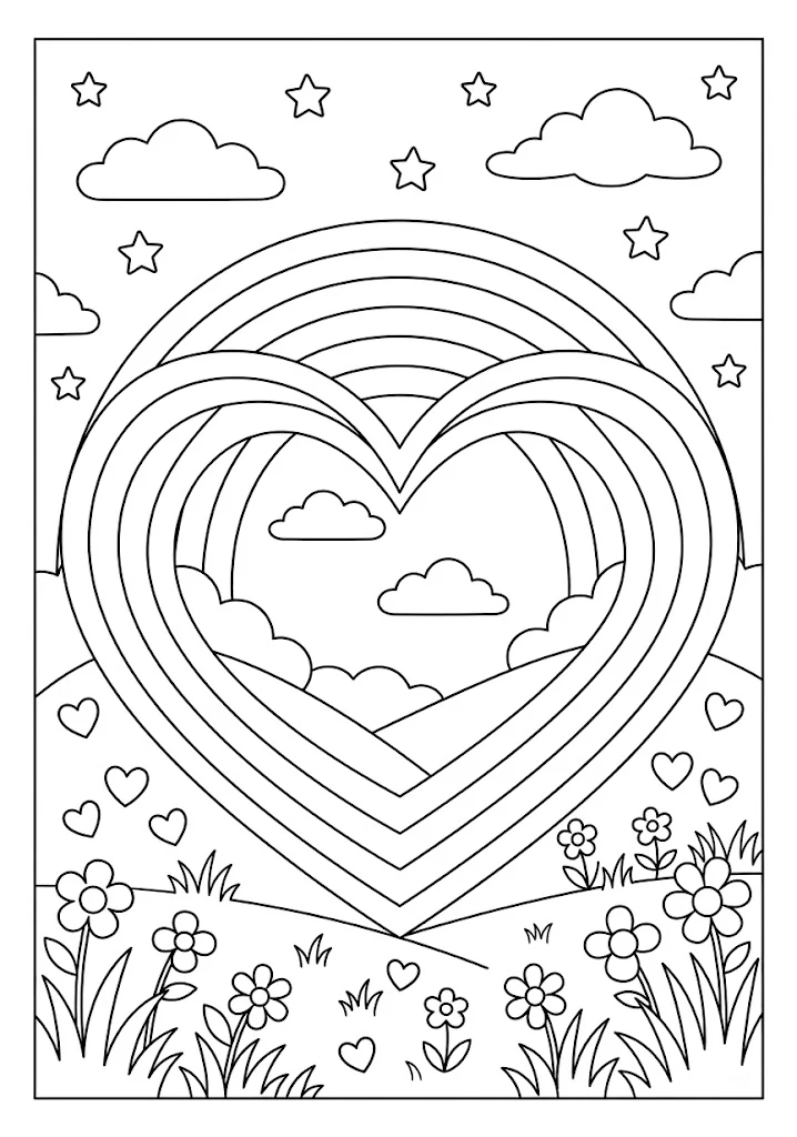 Whimsical coloring page featuring a large heart shaped rainbow over hills surrounded by stars hearts and clouds