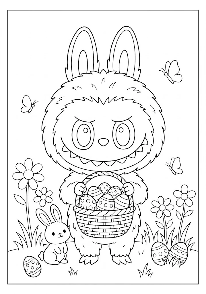 A cute monster holding a basket full of decorated Easter eggs in sweet Labubu coloring pages