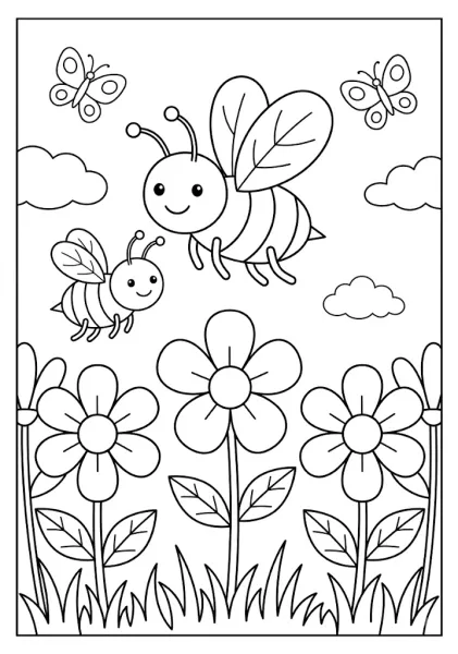 A big cute bee and a small cute bee flying side by side over tall garden flowers with butterflies Bee Coloring Pages