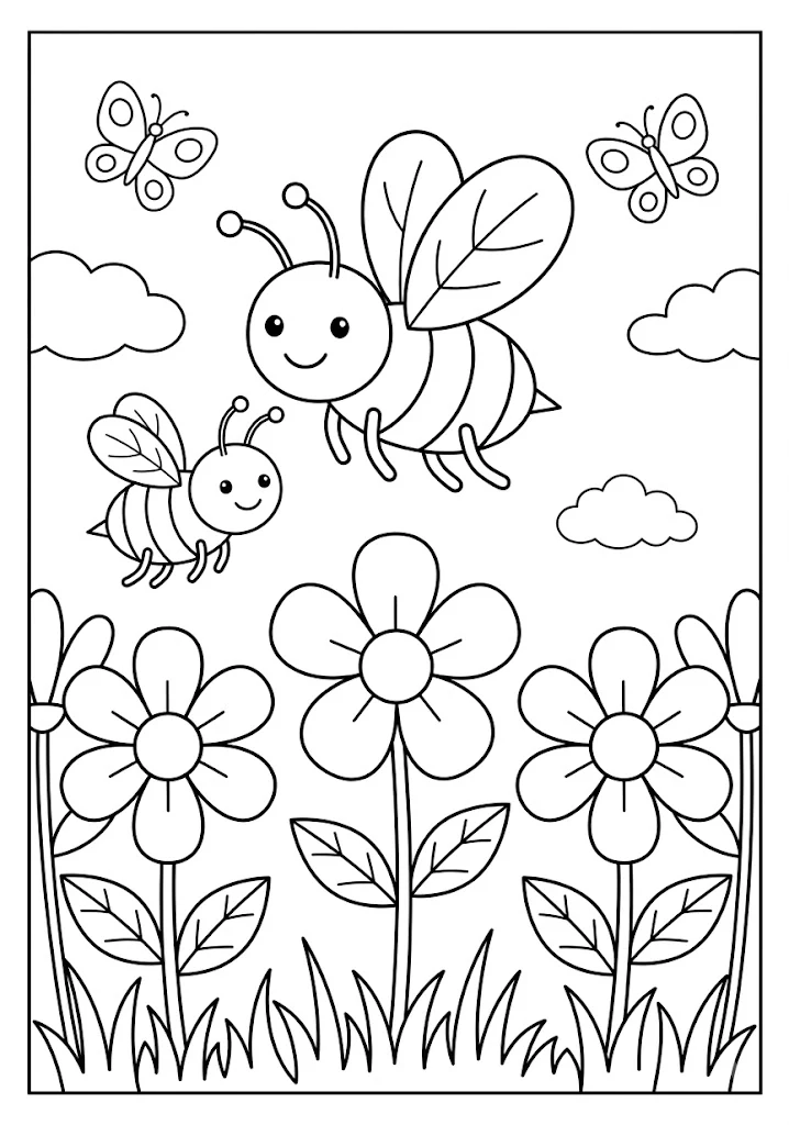 A big cute bee and a small cute bee flying side by side over tall garden flowers with butterflies Bee Coloring Pages