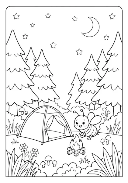 A cute bee sitting by a glowing campfire next to a tent under a starry night sky with a crescent moon Bee Coloring Pages