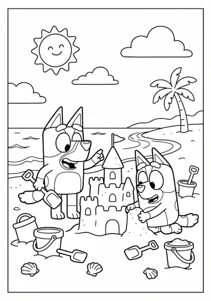 Bluey and Bingo building a large sandcastle on a sunny beach with buckets, spades, and shells in this summer coloring pages