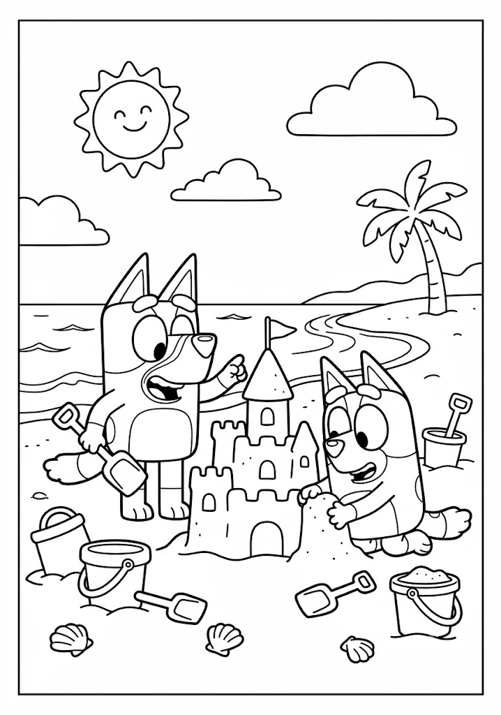 Bluey and Bingo building a large sandcastle on a sunny beach with buckets, spades, and shells in this summer coloring pages