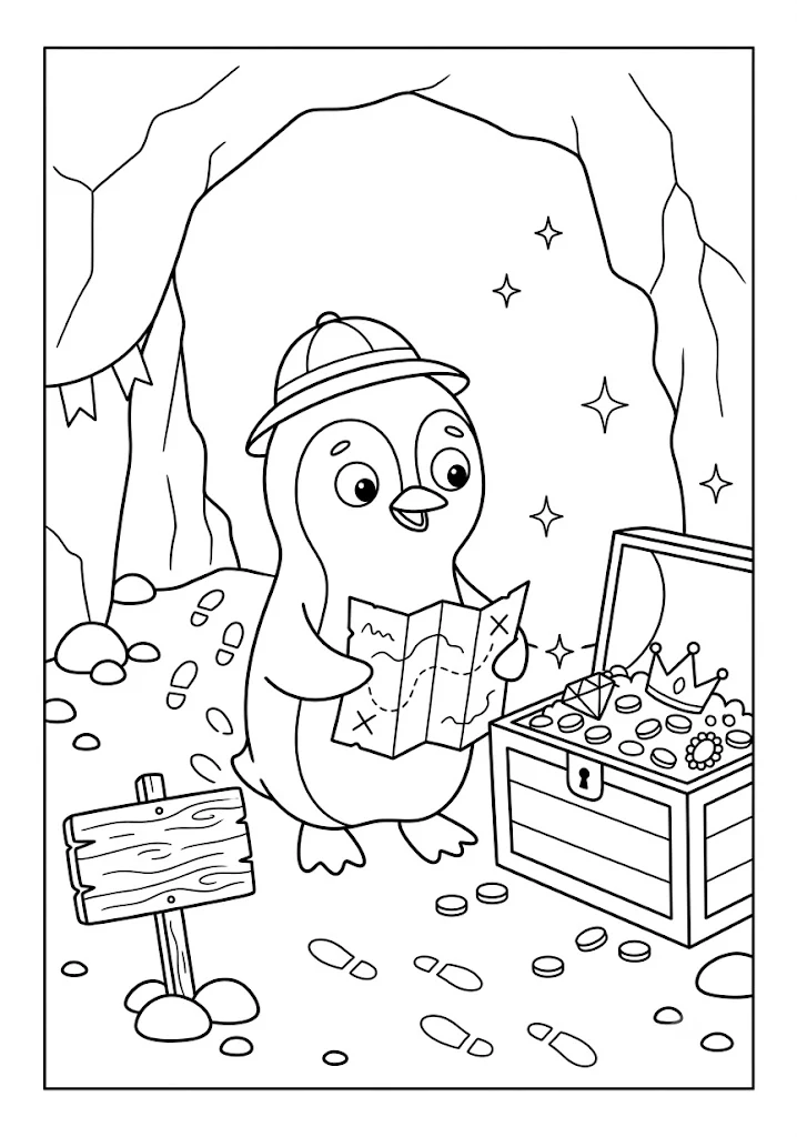 Cute penguin wearing an explorer hat holding a treasure map next to an open treasure chest filled with gold coins inside a cave Penguin Coloring Pages
