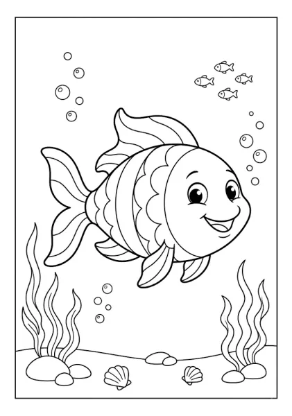 A cute smiling fish swimming underwater near sea plants bubbles and seashells on the ocean floor coloring page