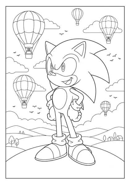A free printable coloring page of Sonic standing in a field with beautiful hot air balloons flying in the sky