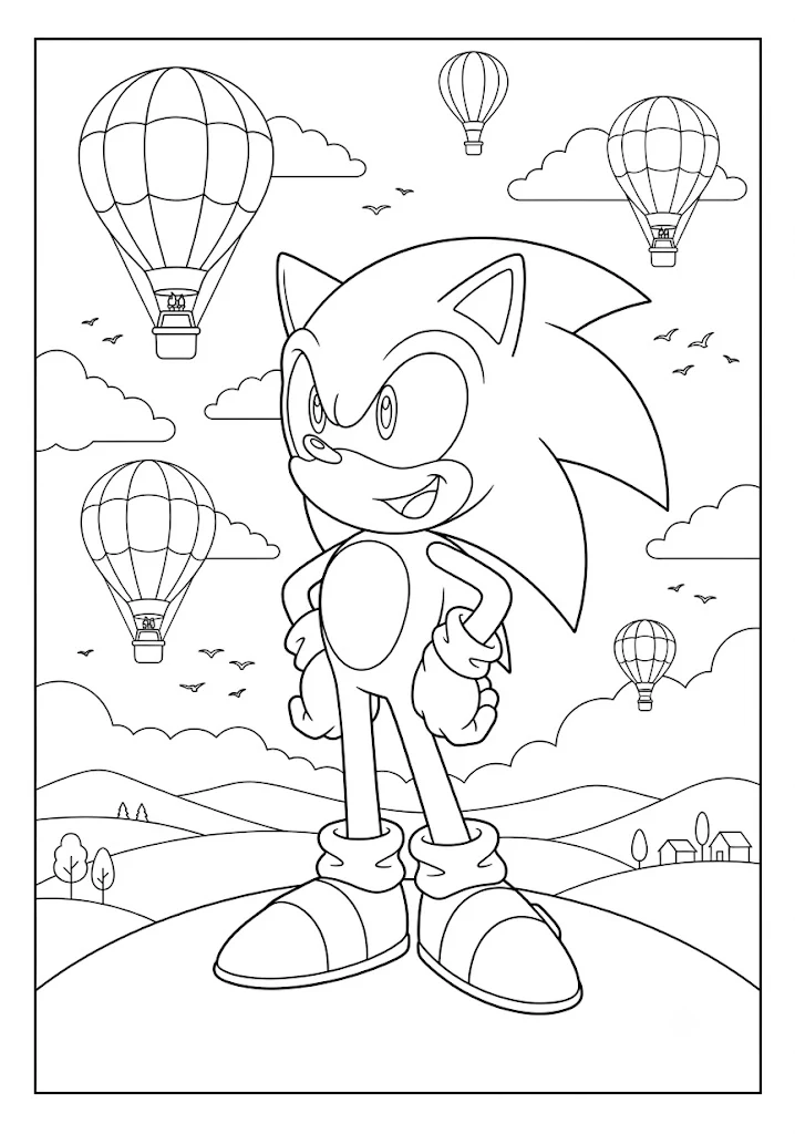 A free printable coloring page of Sonic standing in a field with beautiful hot air balloons flying in the sky