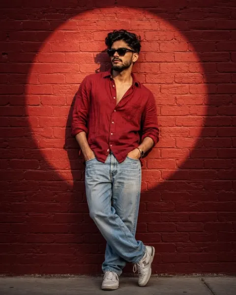 Leaning Against a Red Brick Wall under a Spotligh Chatgpt Prompt