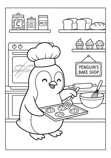 Cute penguin wearing a chef hat holding a tray of freshly baked cookies in a bakery with an oven cupcakes and bread Penguin Coloring Pages