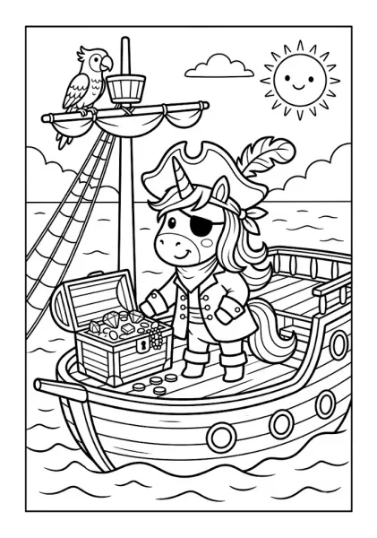 cute pirate unicorn with an eyepatch on a ship next to a treasure chest and a parrot