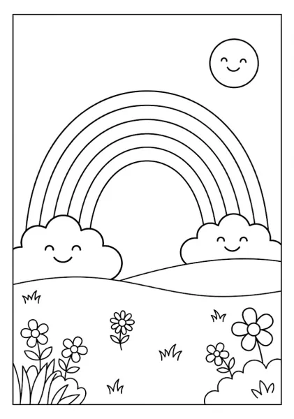 Coloring page featuring two smiling clouds at the base of a rainbow with a smiling sun and flowers on the ground