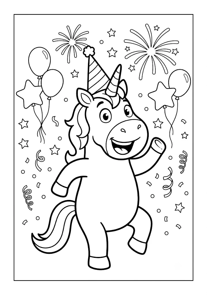 Happy unicorn wearing a party hat dancing under fireworks and balloons with confetti