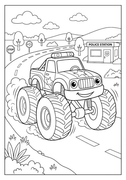 Police monster truck driving on a road near a police station with stop sign Monster Truck Coloring Pages