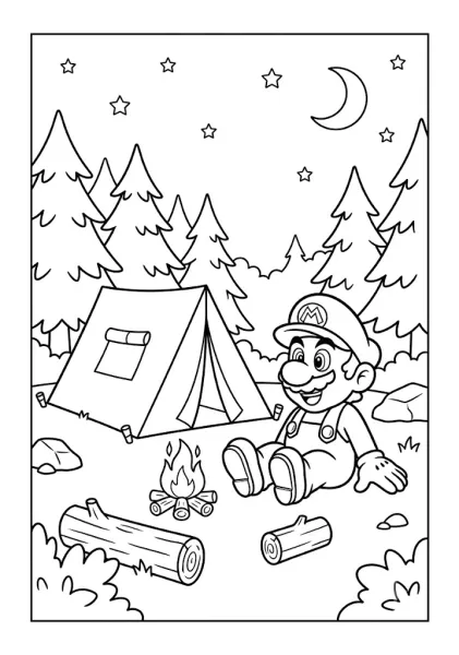 Mario sitting by a campfire at night next to a tent under a crescent moon Mario Coloring Pages