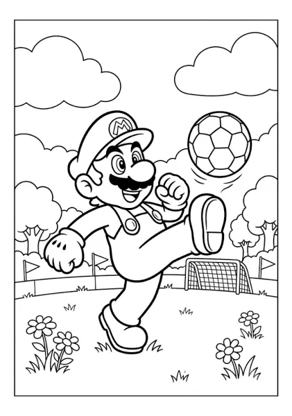 Mario kicking a soccer ball on a field with a goal net and clouds Mario Coloring Pages