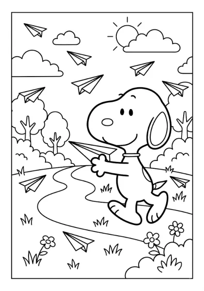 Creative outdoor fun Snoopy joyfully walking along a path while flying paper airplanes into the bright, sunny sky makes an inspiring Snoopy Coloring Page