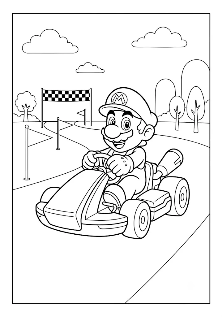 Mario driving a go-kart racer on a track toward a checkered finish line Mario Coloring Pages
