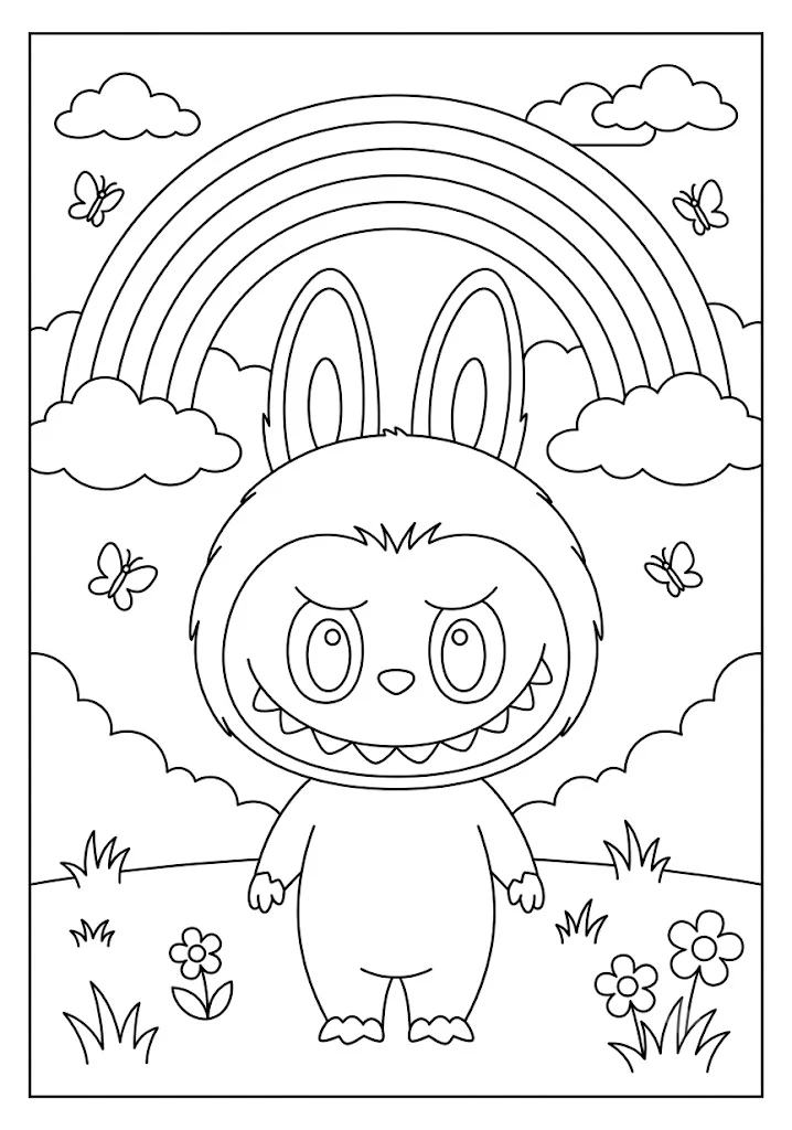 A charming Labubu monster standing outdoors under a large rainbow in Labubu coloring pages