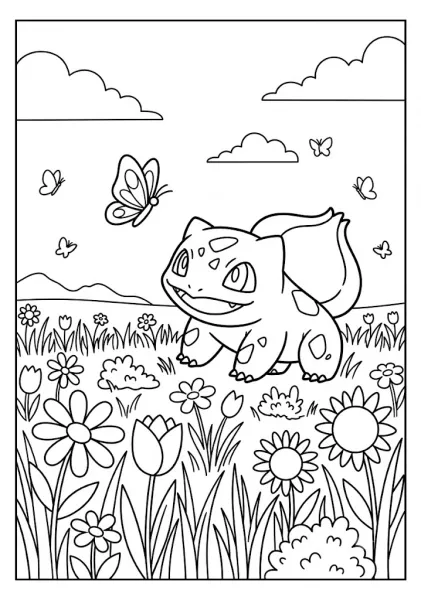 Cute Bulbasaur standing in a field of blooming flowers with fluttering butterflies around Pokemon Coloring Pages